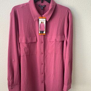 Hilary Radley Womans L Button-up Shirt Pocket Top Roll Tab Long Sleeve Shacket